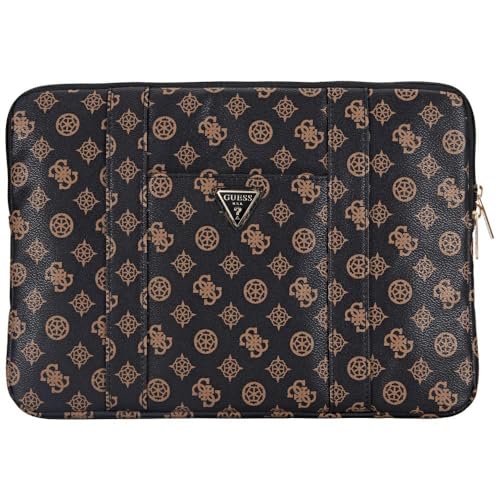 Image of Guess 14-Inch Laptop Sleeve Case Official Licensed by CG Mobile | Elegant Peony Pattern, PU Leather with Front Pocket & Triangle Metal Logo | Stylish Protective Laptop /MacBook Bag for Men & Women