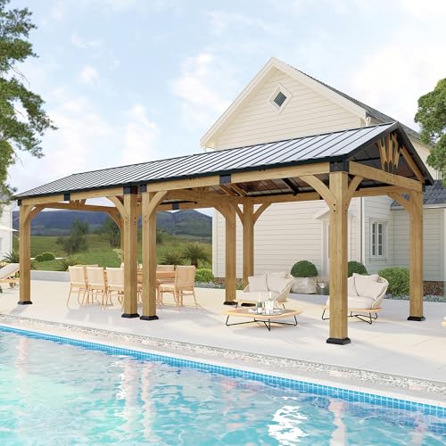 ZIENLIFE 10x24 ft Cedar Wood Gazebo, Hardtop Gazebo with Galvanized ...