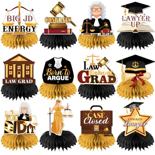 Law School Graduation Decorations 2026, 12Pcs Black Gold Honeycomb Centerpieces for Lawyer Grad Party Supplies, Law School Graduation Class of 2026
