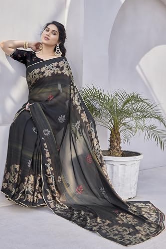 Image of MIRCHI FASHION Saree for Woman Chiffon Foil Work Floral Printed | Ethnic Sari for Function and Farewell with Unstitched Blouse Piece (Available in 15 Colors)