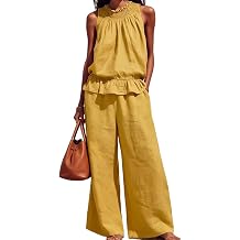 Women's Wide Leg Pants Linen Ruffle Top Outfits | Linen, Comfortable , Loose , Linen , Wide Leg Pants,Sleeveless,