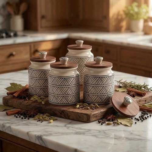 Image of Ceramic Jar & Container for Kitchen Storage Set | Multi Utility Air Tight Kitchen Organizer Items | Tea Coffee Sugar Containers with Wooden Lids (Hand-Painted, 460 ML, Pack of 4)