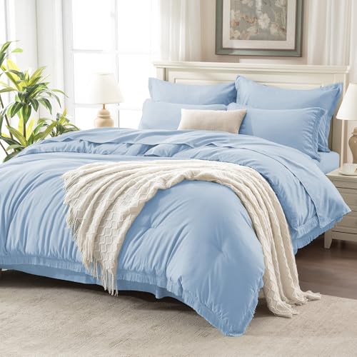 Image of Andency King Size Comforter Set with Sheets Light Blue - 7 Pieces Bed in a Bag Boho Soft Lightweight Bedding Sets, Tassel Bed Set with Comforter, Sheets, Pillowcases & Shams