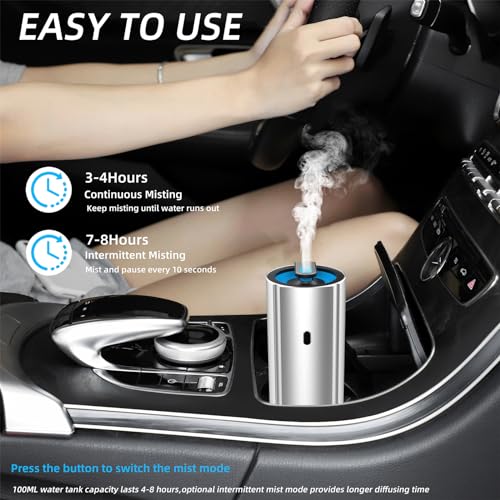 Image of Aluminum Car Diffuser Essential Oil Car Aromatherapy Humidifier 100ml Personal Vehicle Scent Freshener Cool Mist Mini Portable Ultrasonic Diffuser for Small Space (Silver)