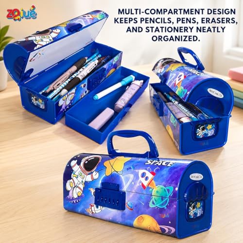 Image of Space Astronaut Lock Compass Box for Kids | 3-Digit Password Pencil Box | Large Capacity Stationery Organizer Case for School Boys & Girls | Durable Plastic Pencil Case