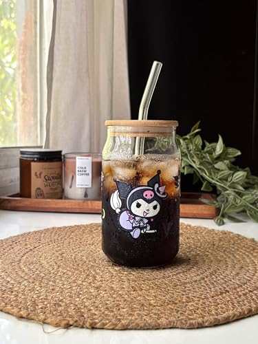 Image of THE UMBRELLA STORE Glass Tumbler Bamboo Lid and Straw, Coffee Tumbler, Reusable Glass (Kuromi)