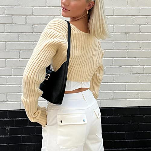 Image of Women Long Sleeve Open Front Ribbed Knit Crop Cardigan Solid Loose Drop Shoulder Shrug Bolero Crop Sweater Top