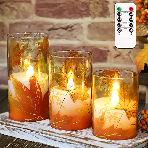 FLAVCHARM Fall Decor Flameless Candles, Battery Operated with Remote, Maple Leave Glass LED Flickering Candles Realistic Pillar Candles with Timer Home Decor Candles for Thanksgiving, Fall, Halloween