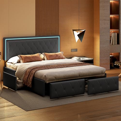 BRILVERDE Polsterbett 160x200 cm mit LED, Doppelbett mit Verstellbares Kopfteil, Stauraumbett mit 4 Schubladen, Jugendbett Bettgestell mit Lattenrost, für Erwachsene, PU (Grau, 160 x 200 cm) BRILVERDE Polsterbett 160x200 cm mit LED, Doppelbett mit Verstellbares Kopfteil, Stauraumbett mit 4 Schubladen, Jugendbett Bettgestell mit Lattenrost, für Erwachsene, PU (Grau, 160 x 200 cm)