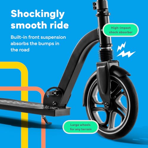 Image of LaScoota Kick Scooter for Kids Ages 6+, Teens & Adults, Large 8 inch Sturdy Urethane Wheels. Adjustable Handlebar, Lightweight, Foldable, 220lbs Max Load