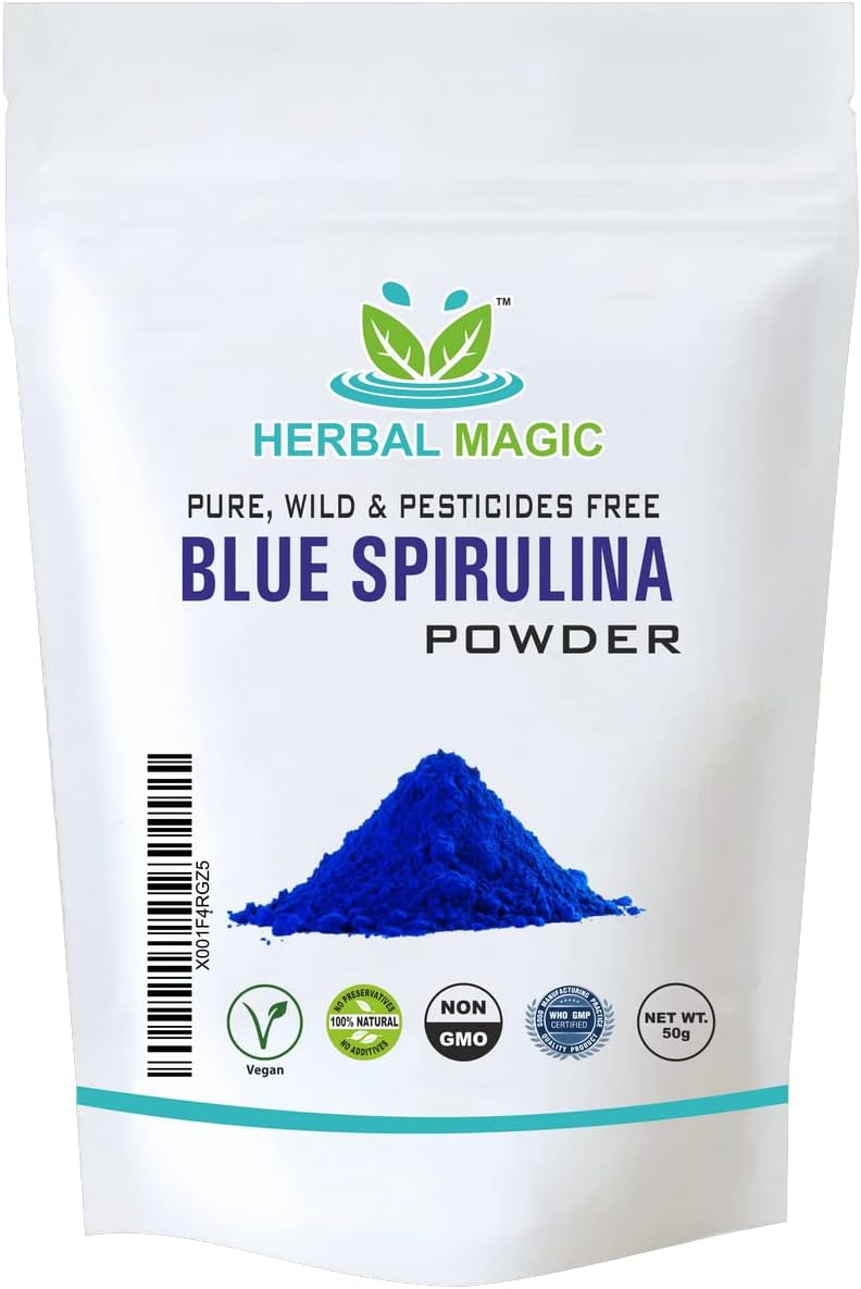 Herbal Magic Pure & Natural Blue Spirulina Powder Premium Quality Vegan Superfood Packed with Antioxidants, Protein, Vitamins & Amino Acids 100% Natural Vegan Without Any additives (50g (Pack-1))