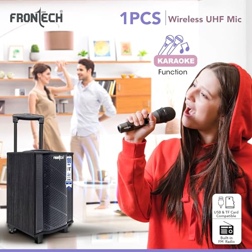 Image of FRONTECH Nocturn Neo Trolley Speaker | 100W Powerful Sound | Wireless Microphones | USB /TF /Bluetooth /FM | Guitar & MIC Input | Rechargeable Battery (SW-0225, Black)