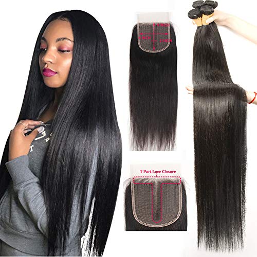 Straight Human Hair 3 Bundles with Closure T Part Lace Middle Part Closure Peruvian Bundles with Lace Part Closure Human Hair Weave Queen Plus Hair (40 40 40 with 24inch, middle part-t part closure)
