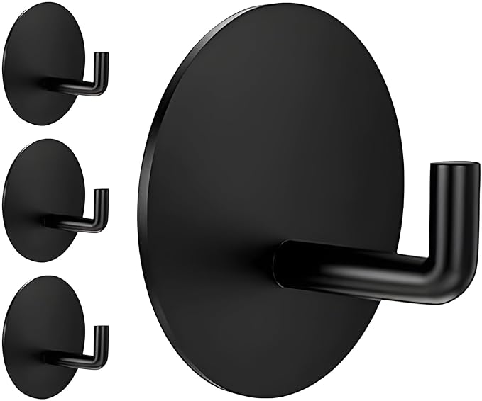 JIALTO 4 pcs Self-Adhesive Stainless Steel Hooks: Heavy-Duty Wall Hangings, Waterproof & Drill-Free - Strong Towel, Coat, and Kitchen Hooks for Bathroom and Kitchen (J Round Black)