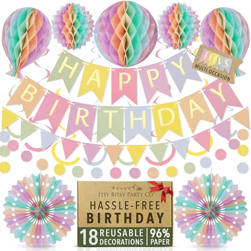 Premium Reusable Birthday Decoration Set - Honeycomb Paper Party Decorations, Happy Birthday Banner, Bunting, Streamers - Decor for Girls, Boys, Women & Men by Itsy Bitsy Party Co (Pastel)