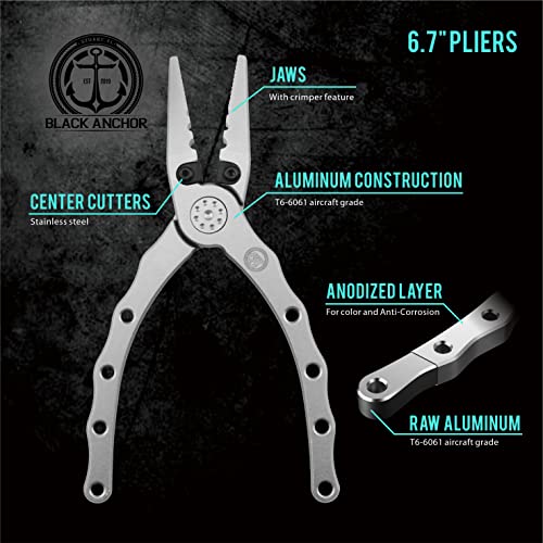 Black Anchor Aluminum Fishing Pliers 6.7" Saltwater Resistant Anodization, Mono, Fluoro & Braid Line Cutters, Nylon Sheath With Belt Loop (Silver, 6.70) #TOP2