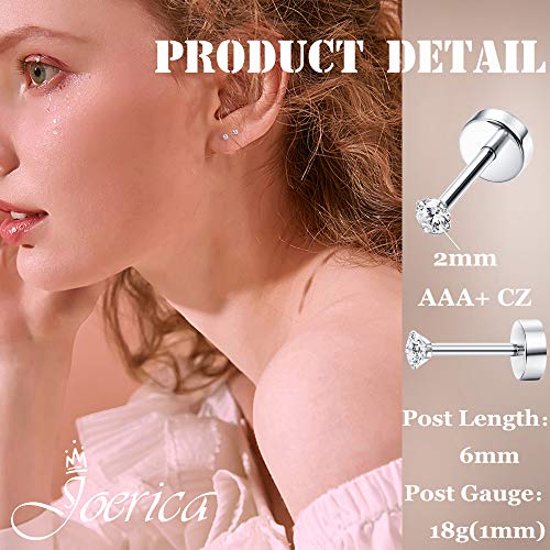 JOERICA 8 Pairs Tiny Cartilage Stud Earrings Stainless Steel Cubic Zirconia Earrings for Women Men 18G Screw Flat Back Earrings Set with 2MM CZ2