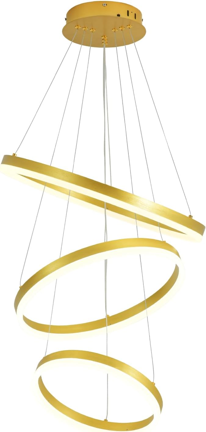 3-Ring Modern Gold LED Chandelier Dimmable Pendant Light with Remote Control Flush Mount High Ceiling Circle Light Fixture for Dining Bed Living Room Foyer 3000K-6500K