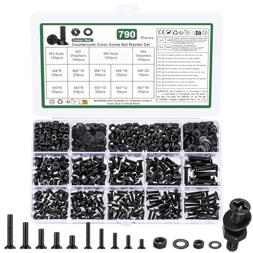 YOUYIDUN Juego de 790 tornillos M3 M4, tornillos de cabeza avellanada y plana, con tuercas y arandelas, negro, acero al carbono, resistente a la corrosión y duradero