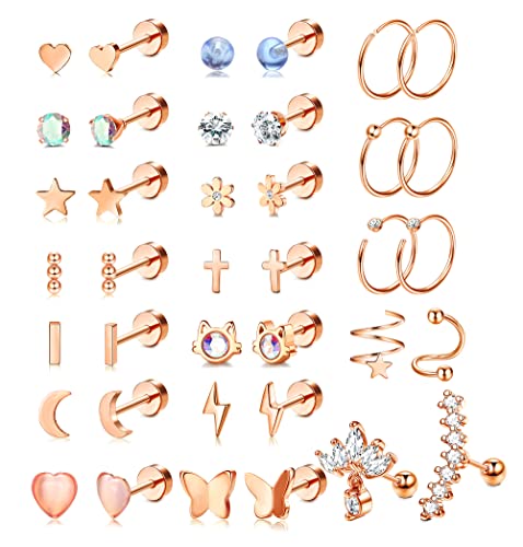 Kakonia 19 Pairs Stainless Steel Stud Earrings Set for Women Men 20G Cartilage Earrings Flatback Earrings Piercing Jewelry Star Moon Cubic Zirconia Rose Gold Earrings Studs
