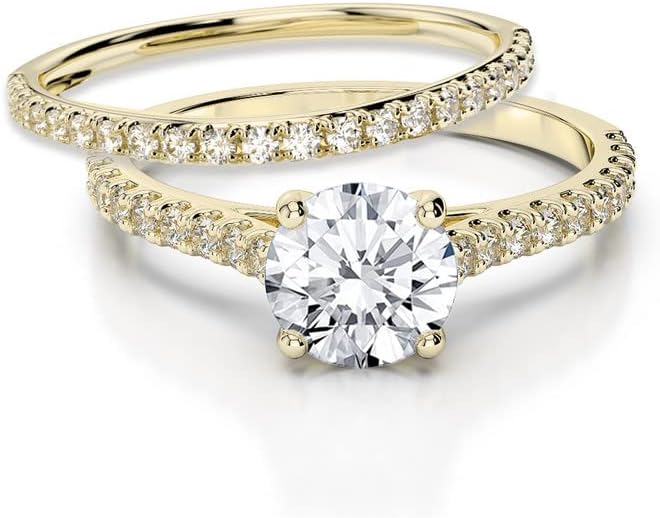 1.00 Ct. Certified Round Cut Moissanite Engagement Ring Set, 14k Gold Finish Moissanite Ring Set For Women, Moissanite Bridal Ring Set