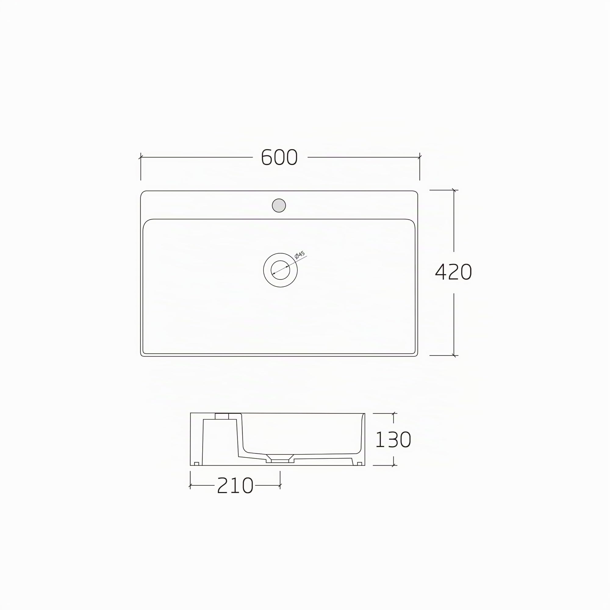 AQUAUNO Lavabo da appoggio Cloe, 60 x 42 cm, rettangolare, in ceramica bianca, con foro per rubinetto e troppopieno cromato, in ceramica sanitaria, per piano lavabo