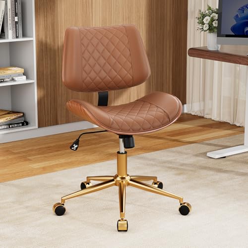 Image of Home Office Desk Chair with Swivel Wheels, Mid-Century Modern PU Leather Armless Office Chair, Small Mid Back Computer Chair for Home Office, Meeting Room