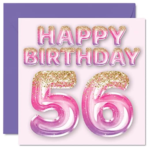Tarjeta de felicitación de 56 cumpleaños para mujer globos con purpurina rosa y morado tarjetas de feliz cumpleaños para mujer de 56 años mamá niñera abuela gran tía 145 mm x 145 mm 56 y 56 años