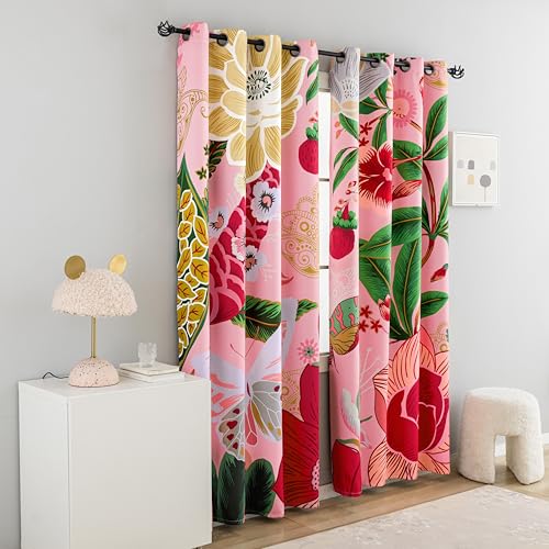 Image of Tyrot Pink Coquette Floral Grommet Blackout Curtains, 52W x 96L, 2 Panels