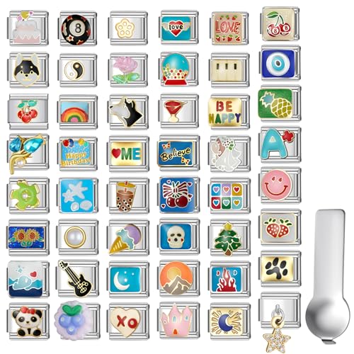SWEETV Stainless Steel 18 Link Polish Italian Charm Bracelet with 1Pcs Starter Brascelet 9Pcs/20Pcs Charms and Opening Tools Classic 9mm Modular Charm Personalized Jewelry Gift (Random 20Pcs Silver)