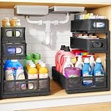 Extra-Large 2 Pack Under Sink Organizer Adjustable Height 3 Tier Pull Out Under Sink Storage with Hooks and Cup Kitchen Storage & Organisation for Home Kitchen Bathroom Pantry (Black)