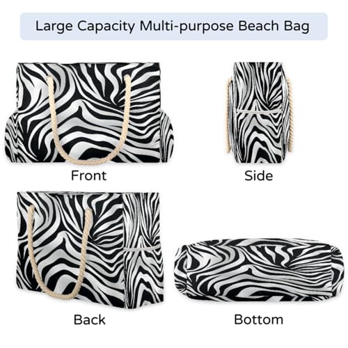 Large Beach Tote Bags for Women Zebra Animal Skin Waterproof Sandproof Shoulder Bags Swim Pool Purse with Zipper Beach Vacation Essentials for Summer Swim Pool Travel Gifts4