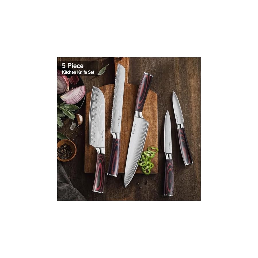 5 Pcs Chefs Kitchen Sharp Knife Set - Japanese Professional Cooking Cutting Knives for Meat Vegetable Bread and Paring, High Carbon Stainless Steel Santoku
