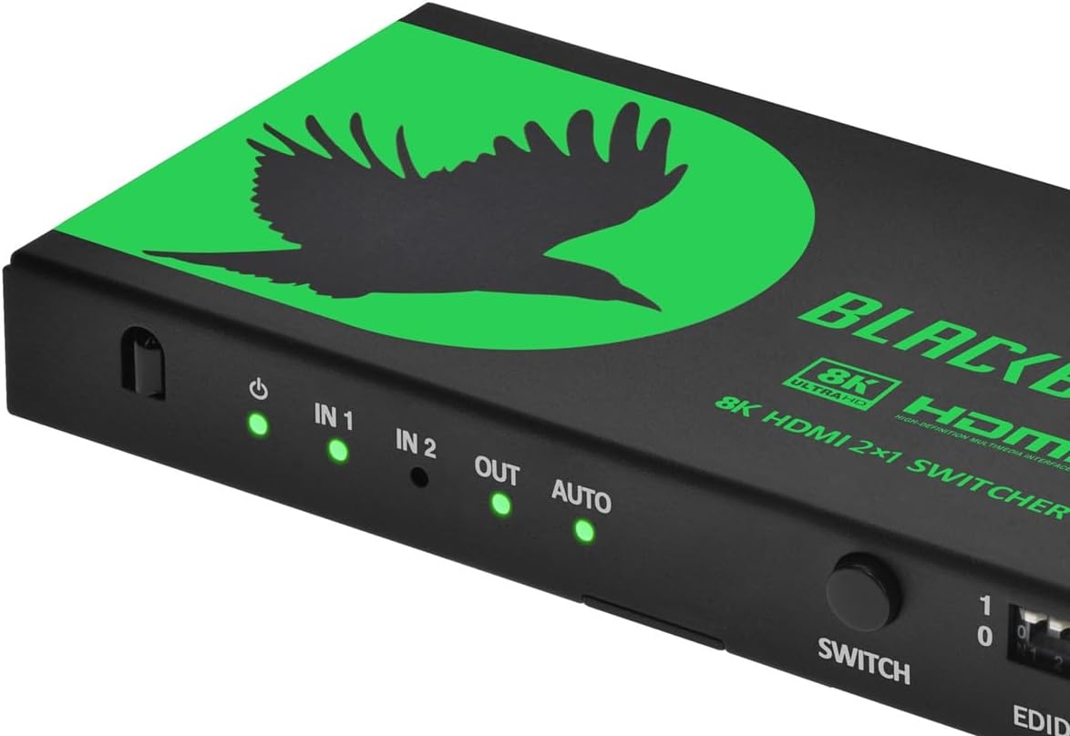 Monoprice 2x1 HDMI Switch with Audio Extraction, 8K@60Hz, 4K@120Hz, HDMI 2.1, HDCP 2.3, 40Gbps, IR Remote Control, HDR10+, for 4K UHD TV, PS5, Xbox Series X, Fire TV, Roku - Blackbird Series