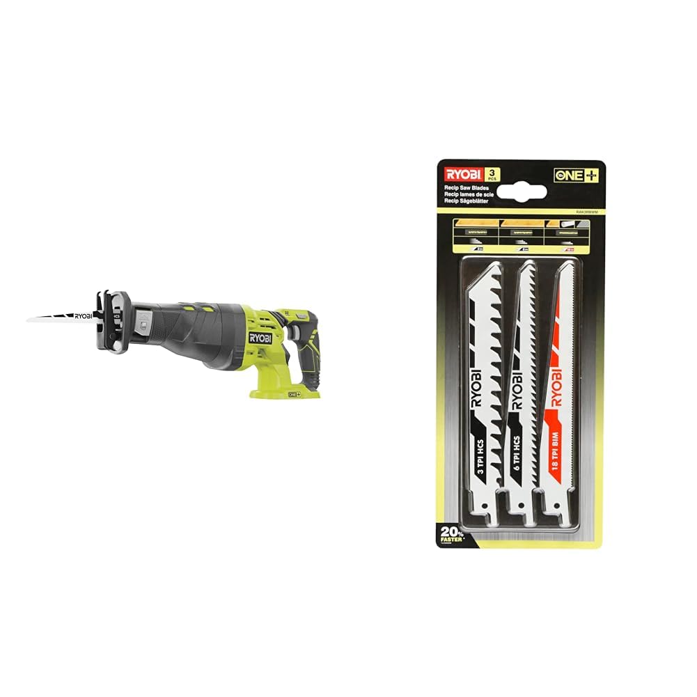 RYOBI - Scie sabre 18V - 0-2 900 cp/min - course de lame 28 mm - capacité bois 200 mm & Blister 3 lames spéciales scie sabre (bois/métal/plastique) - emmanchement universel