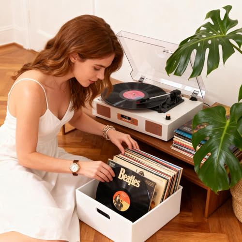Image of Vinyl Record Player Bluetooth Streaming, 3-Speed Belt-Drive Turntable with Dust Cover, Built-in Speakers, Plug & Play for Beginners, USB Recording, AUX Input, RCA Output