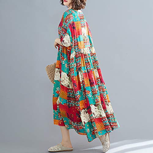 Loijon Mulheres Plus Size Vestido de Linho de Algodão Bloco de Cor Com Decote Em V Longo Maxi Plissa