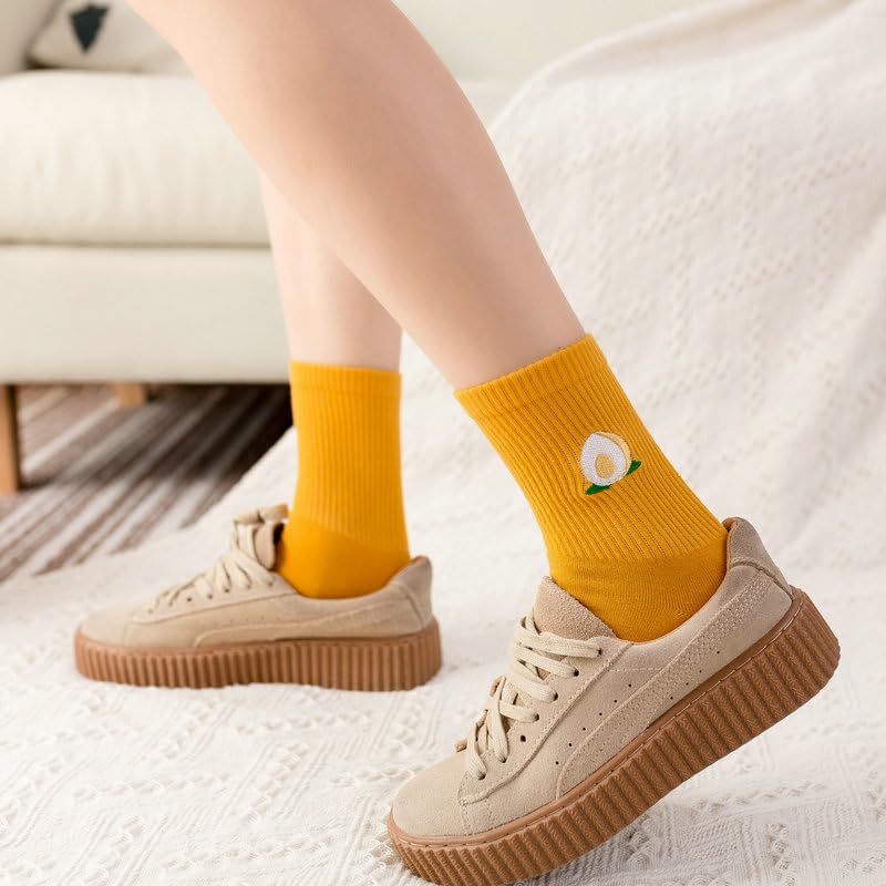 Image of Fruit Socks Cute Socks for Women Crew Socks Cotton Embroidered Banana Avocado Strawberry 4-6pairs