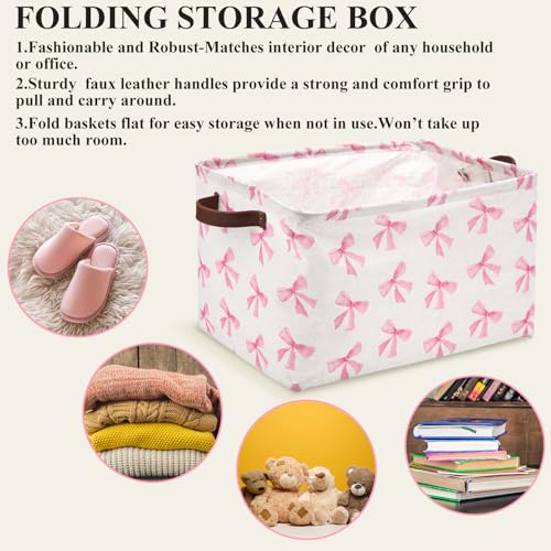 Image of Weysat 2 Pcs Coquette Bow Storage Basket Easter Basket Collapsible Toy Storage Bins Waterproof Canvas Organizer with Leather Handles for Home Offices Bedrooms Toy and Gift Easter Baskets