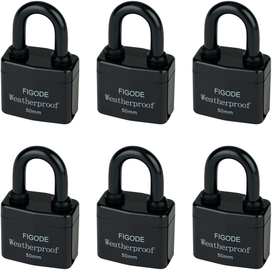 FIGODE Outdoor Waterproof Padlocks, Covered Heavy Duty Laminated Steel Locks, Large Sturdy Locks, 2.2 in. Wide, 6 Locks Same Key, Standard Shackle