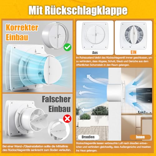 Focxoio Badlüfter 100mm mit Nachlauf und Feuchtigkeitssensor, 12W Abluftventilator mit Rückstauklappe, 95m³/h 34dB Wandventilator Lüfter für Wand-, Decken- & Fenstermontage
