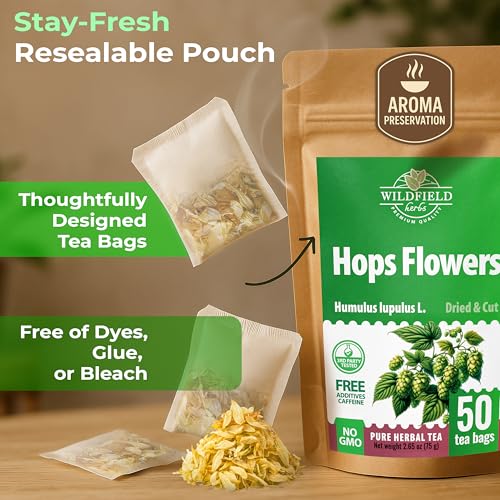 Image of 50 Bags Hop Tea Hops Herb Dried Hops Flowers Herbal Tea (Humulus Lupulus) - 50 Count 1.5g Bags Hoptea Lupulo Entero