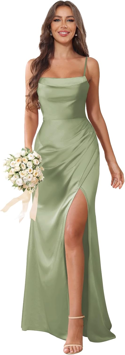 Satin Bridesmaid Dresses 2025 Spaghetti Straps Ruched Mermaid Prom Dress Formal Evening Gowns with Slit