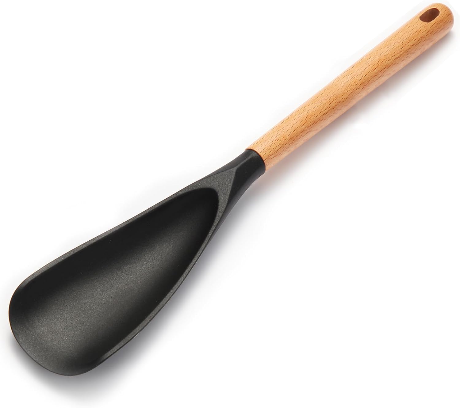 Silicone Cooking Spoon for Nonstick Cookware - Wooden Handle Kitchen Spoon for Mixing, Flipping, Scraping & Serving - Heat-Resistant Spatula Spoon for Baking, Stirring (13.4'' Black 1-Pcs)