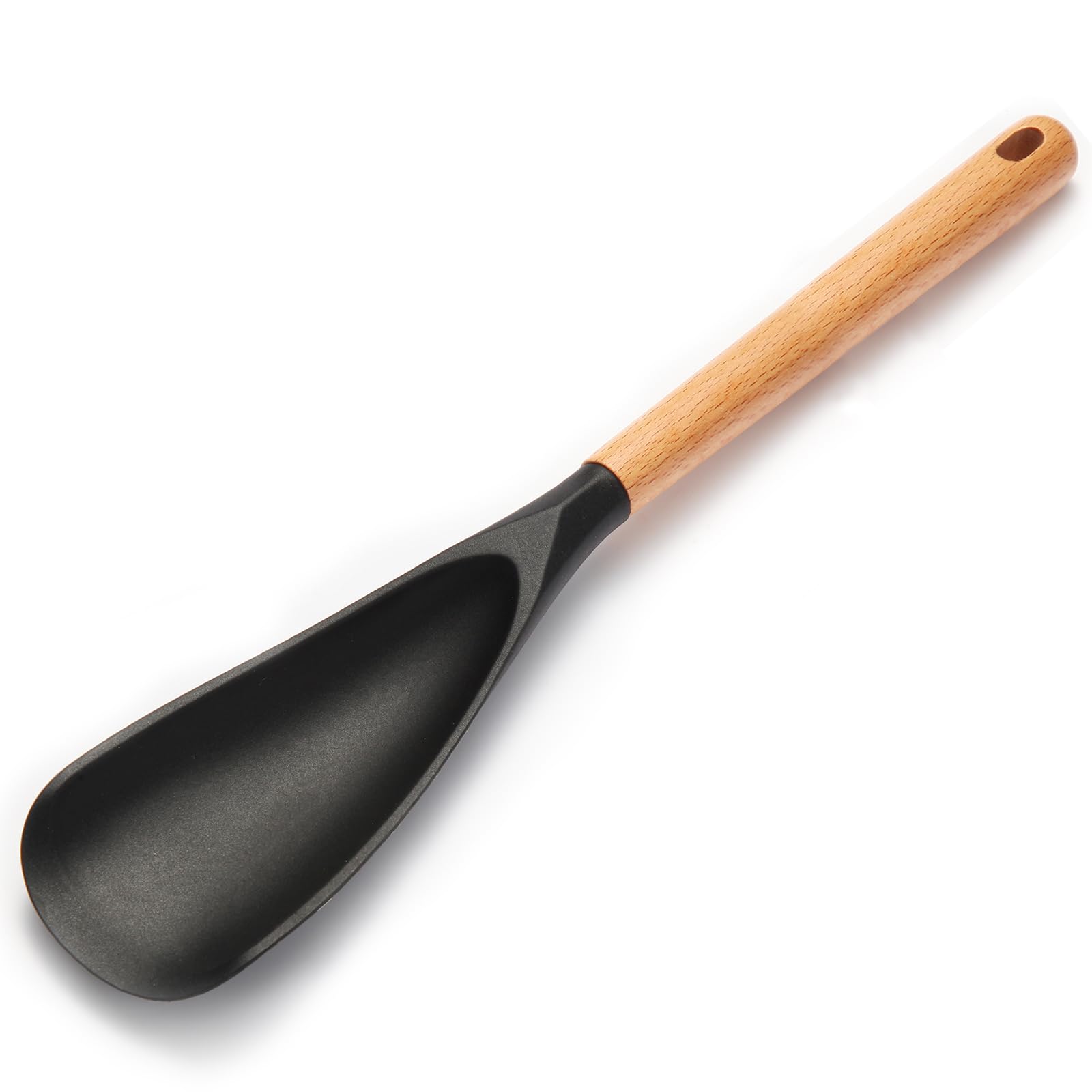 Photo 1 of Silicone Cooking Spoon for Nonstick Cookware - Wooden Handle Kitchen Spoon for Mixing, Flipping, Scraping & Serving - Heat-Resistant Spatula Spoon for Baking, Stirring (13.4'' Black 1-Pcs)