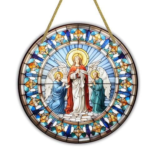 Image of Printality Stained Glass Style Christian Wall Hanging | Round MDF Plaque with Glossy Finish & Golden Zardosi String | Religious Wall Art | Jesus, Mary & Angels Design | Faith Home Decor (Design 3)