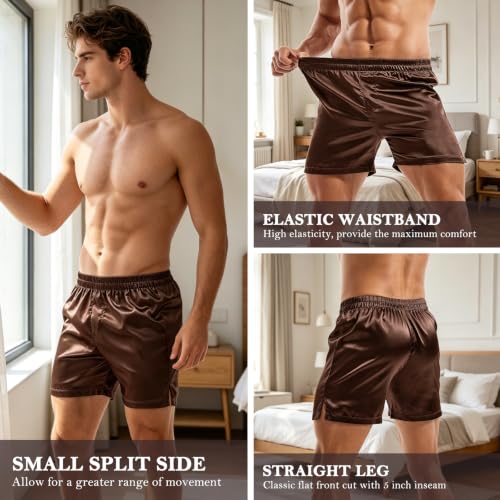 Image of AMY COULEE Mens Satin Boxer Shorts Silky Lightweight Pajama Bottoms Split Side Lounge Sleep Shorts