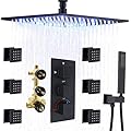 HOMEDEC Matte Black Thermostatic Ceiling Shower System with Body Jets, 12" Rainfall Shower Faucet Fixtures Set with Mixer Valve and Handheld Brass Shower Combo Kit for Modern Bathroom