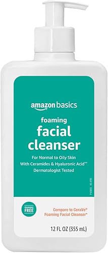 Amazon Basics Limpiador facial espumoso con ceramidas y ácido hialurónico, sin fragancia, 12 onzas líquidas, paquete de 1