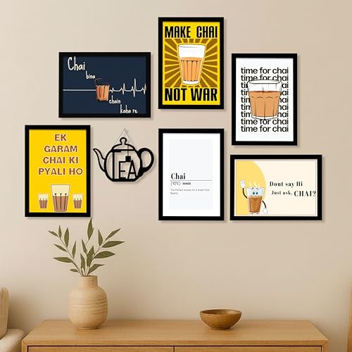Image of PAINTINGMANTRA Chai TEA Retro Theme Kitchen & Cafe Framed Wall Art Painting Food Kitchen Quotes Painting With Frame Wall Decor for Home, Restaurant, Cafe, Set of 7 (1 MDF wall Hanging) 9x13 Inch
